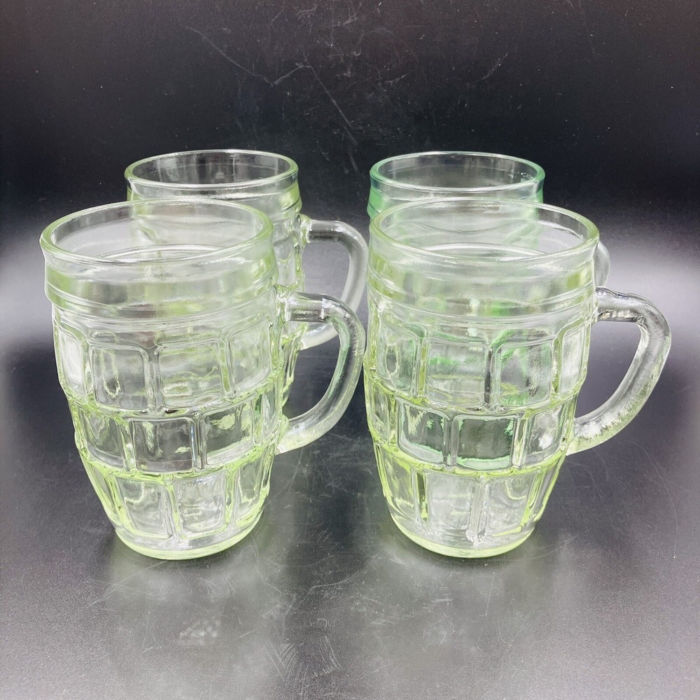 Root Beer Barrel Handled Mugs, Set of 4, 8 Ounce, Vintage, Green Tint Glass